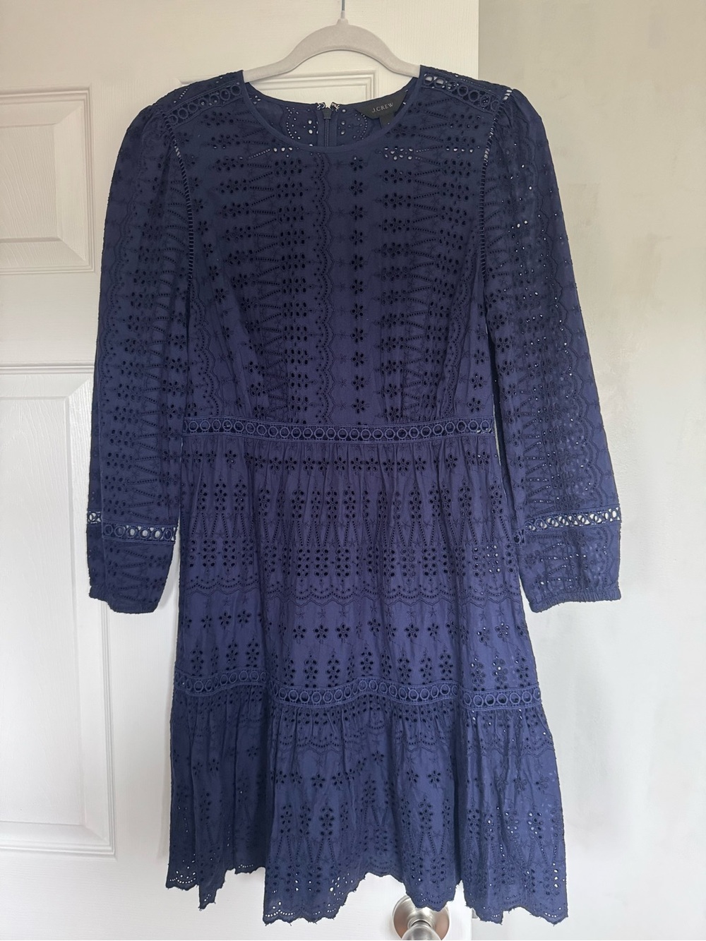 J. Crew Navy Eyelet Midi Dress with Puff Sleeves